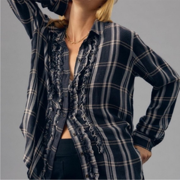 Anthropologie Pilcro Tuxedo Buttondown Shirt In Black Motif Plaid Small - Picture 1 of 10